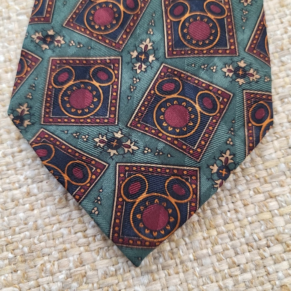 Vintage Disney Store Mickey Mouse Mens Tie Green Burgundy Silk Geometric